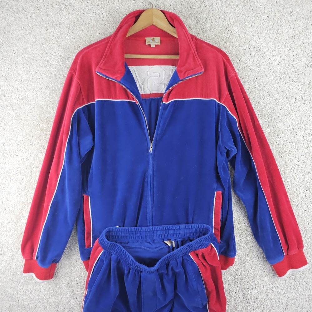 Vintage Sweatscdo Velour Jogging Track Suit Set Blue Embroidered USA Sz Large